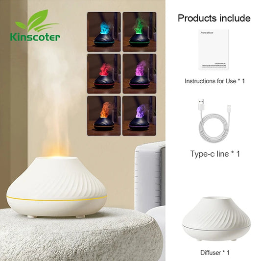 KINSCOTER Vulkanische Aroma Diffuser Etherische Olielamp 130ml USB Draagbare Luchtbevochtiger met Kleurenvlam Nachtlampje