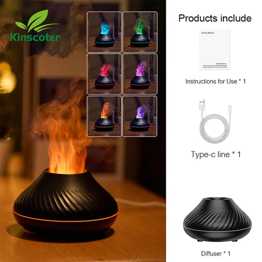 KINSCOTER Vulkanische Aroma Diffuser Etherische Olielamp 130ml USB Draagbare Luchtbevochtiger met Kleurenvlam Nachtlampje